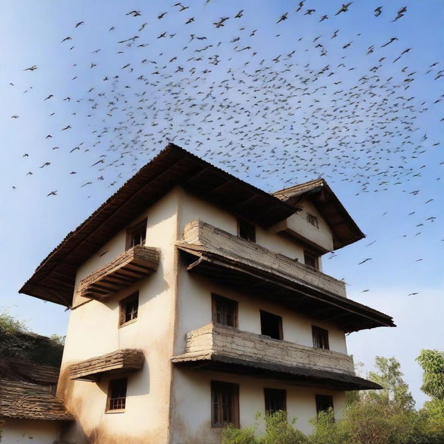 A swarm of swiftlets flying over a traditional house under a clear sky