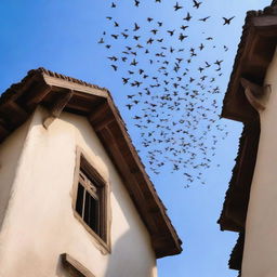 A swarm of swiftlets flying over a traditional house under a clear sky