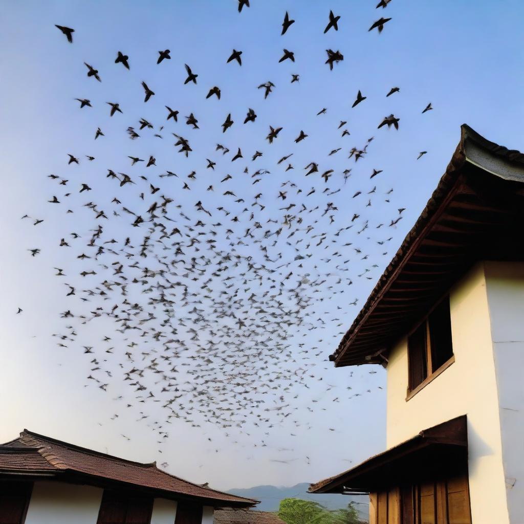 A swarm of swiftlets flying over a traditional house under a clear sky