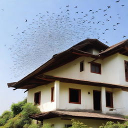 A swarm of swiftlets flying over a traditional house under a clear sky