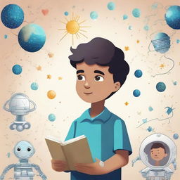 A recent graduate boy fascinated with stars, Venus, and astronauts, deeply embedded in his love for artificial intelligence study. Show elements of machine learning and deep learning around him, capturing his interests.