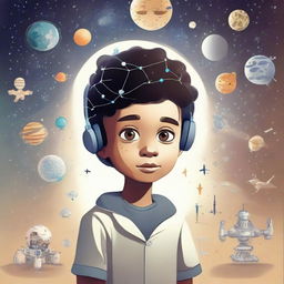 A recent graduate boy fascinated with stars, Venus, and astronauts, deeply embedded in his love for artificial intelligence study. Show elements of machine learning and deep learning around him, capturing his interests.