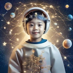 A recent graduate boy fascinated with stars, Venus, and astronauts, deeply embedded in his love for artificial intelligence study. Show elements of machine learning and deep learning around him, capturing his interests.