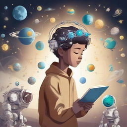 A recent graduate boy fascinated with stars, Venus, and astronauts, deeply embedded in his love for artificial intelligence study. Show elements of machine learning and deep learning around him, capturing his interests.