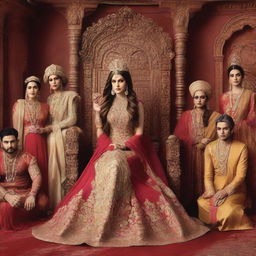 Kriti Sanon looking regal, adorned in a queen's attire, on a throne with people from different cultures kneeling down in respect. The world landmarks around, symbolizing she is the queen of the world.