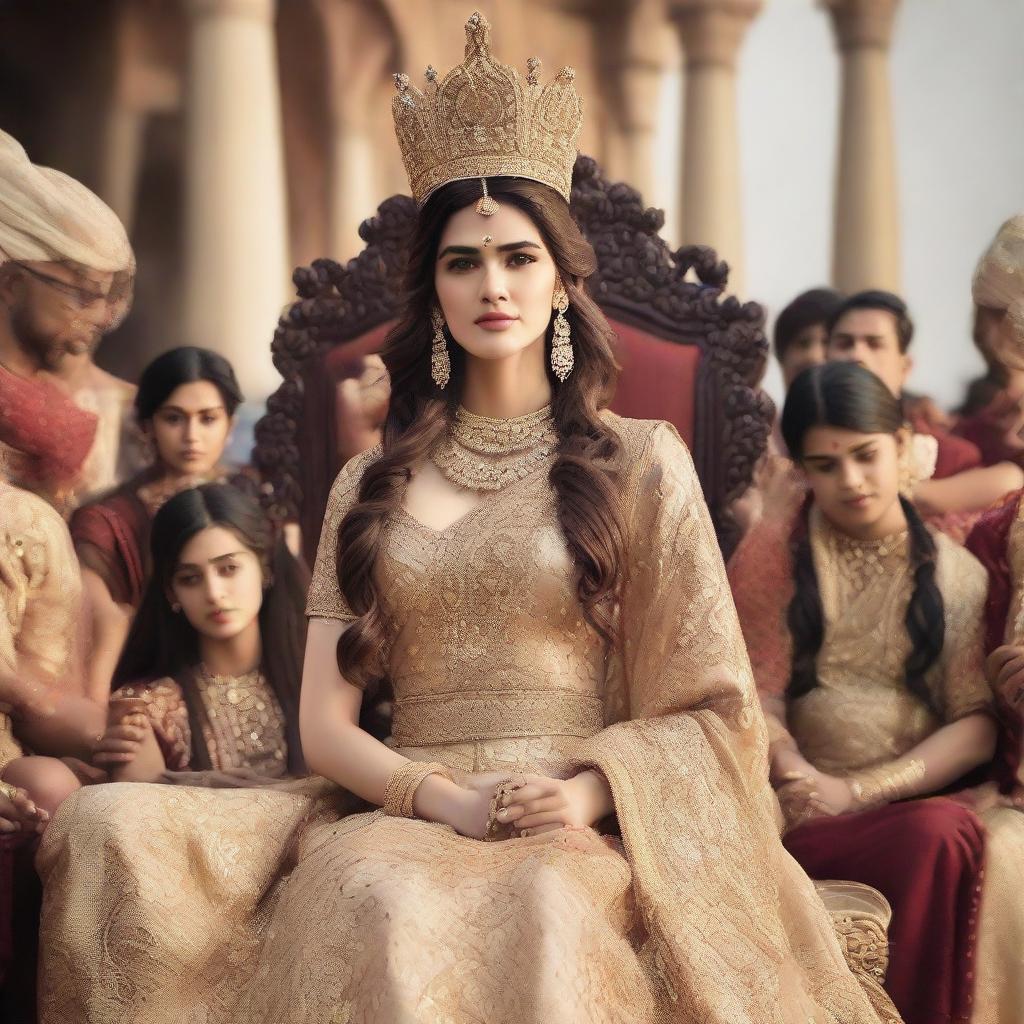 Kriti Sanon looking regal, adorned in a queen's attire, on a throne with people from different cultures kneeling down in respect. The world landmarks around, symbolizing she is the queen of the world.