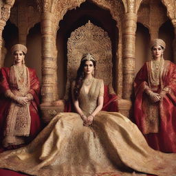 Kriti Sanon looking regal, adorned in a queen's attire, on a throne with people from different cultures kneeling down in respect. The world landmarks around, symbolizing she is the queen of the world.