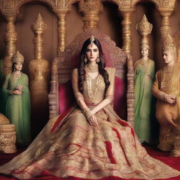 Kriti Sanon looking regal, adorned in a queen's attire, on a throne with people from different cultures kneeling down in respect. The world landmarks around, symbolizing she is the queen of the world.