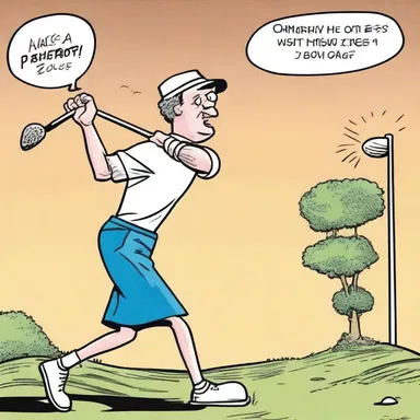 In the comic strip, a quirky character uses a golf club to comically solve everyday problems, swinging it like a superhero's weapon.