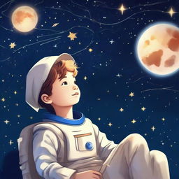 A recently graduated boy, in his cap, stargazing at a starry sky featuring Venus and imagining astronauts - symbolic of his love for space. His passion for AI, specifically machine learning and deep learning, is also incorporated in the image.