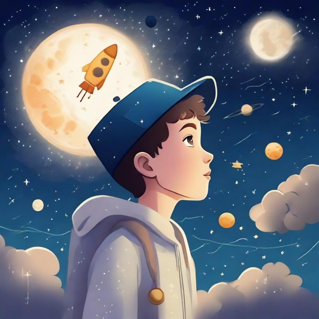 A recently graduated boy, in his cap, stargazing at a starry sky featuring Venus and imagining astronauts - symbolic of his love for space. His passion for AI, specifically machine learning and deep learning, is also incorporated in the image.