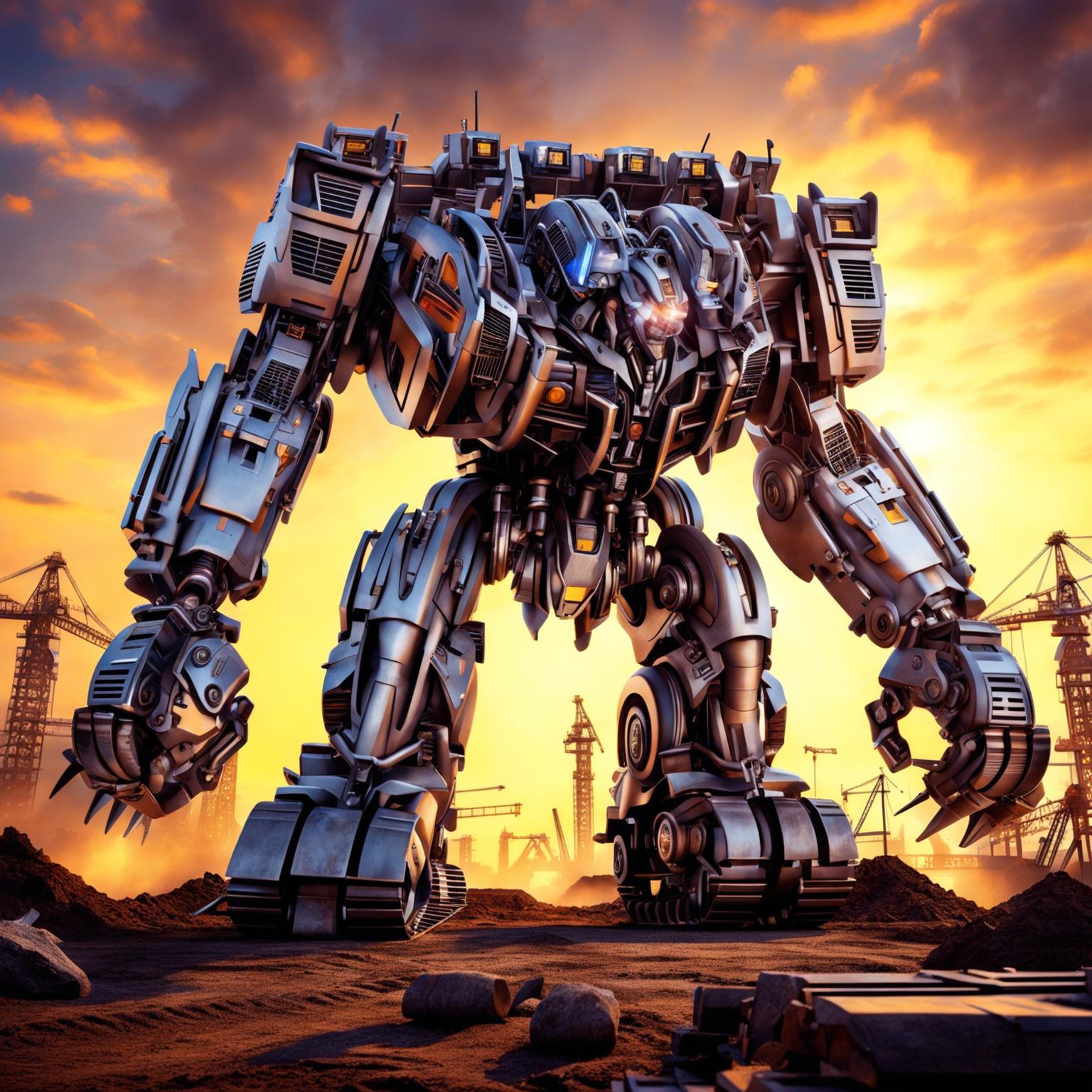 A high-definition digital art image depicting a grader transforming into a Transformer
