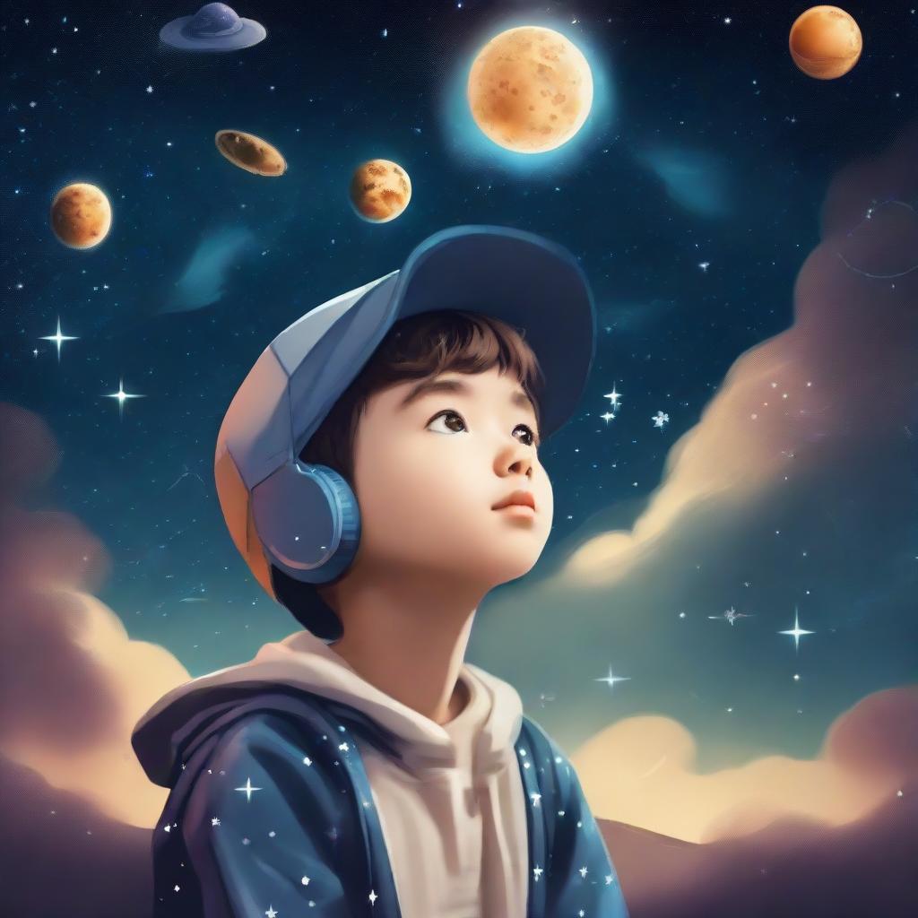 A recently graduated boy, in his cap, stargazing at a starry sky featuring Venus and imagining astronauts - symbolic of his love for space. His passion for AI, specifically machine learning and deep learning, is also incorporated in the image.