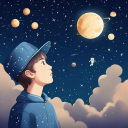 A recently graduated boy, in his cap, stargazing at a starry sky featuring Venus and imagining astronauts - symbolic of his love for space. His passion for AI, specifically machine learning and deep learning, is also incorporated in the image.