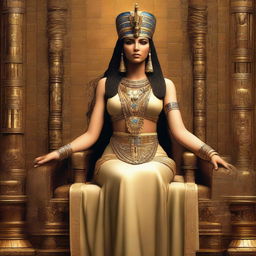 Historically accurate depiction of Cleopatra, in her regal attire and jewelry, sitting majestically on a royal Egyptian throne.