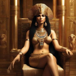 Historically accurate depiction of Cleopatra, in her regal attire and jewelry, sitting majestically on a royal Egyptian throne.