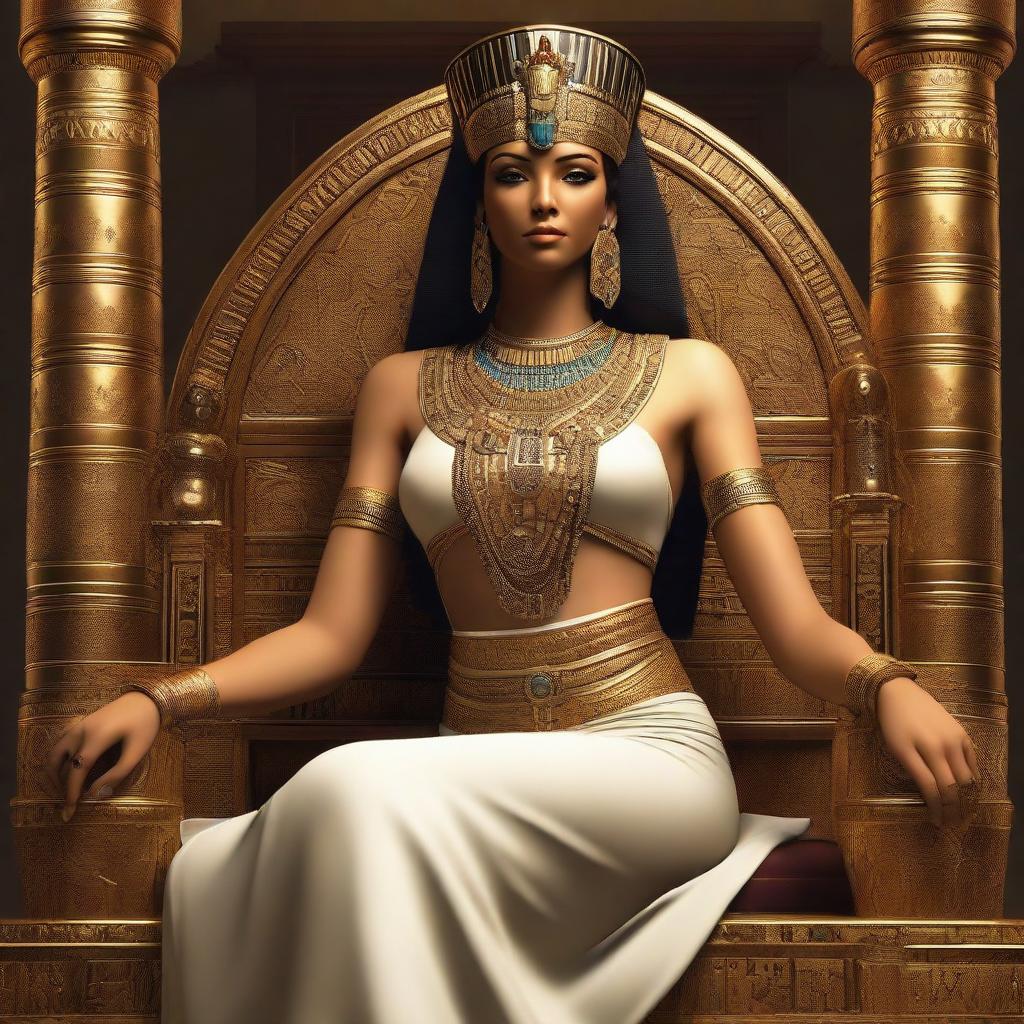 Historically accurate depiction of Cleopatra, in her regal attire and jewelry, sitting majestically on a royal Egyptian throne.