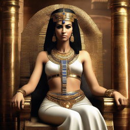 Historically accurate depiction of Cleopatra, in her regal attire and jewelry, sitting majestically on a royal Egyptian throne.