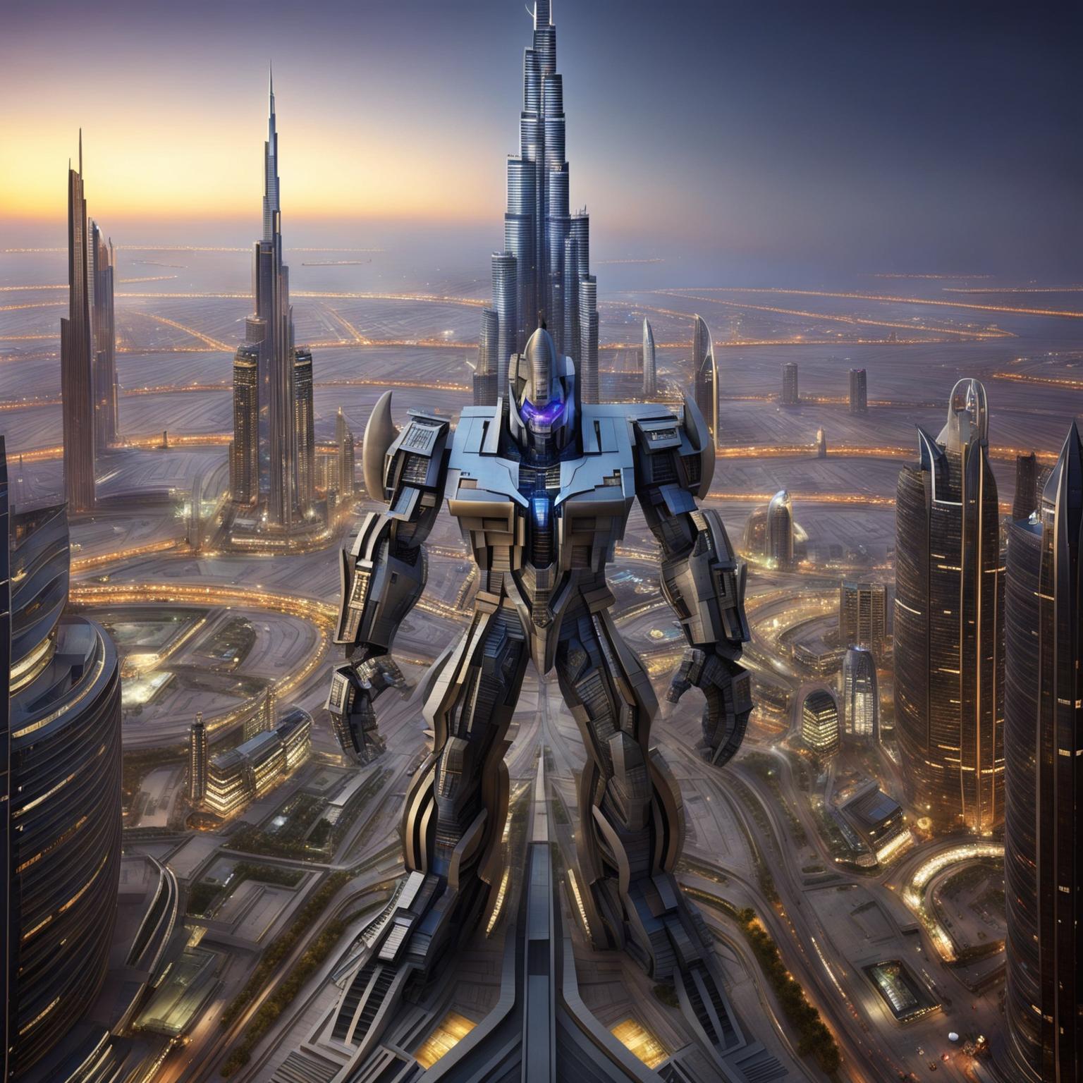 An ultra-high-definition digital art image depicting the Burj Khalifa transforming into a Transformer