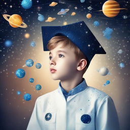 Recently graduated boy wearing his cap, lost in the stars and Venus, imagining astronauts, reflecting his passion for space. Elements of artificial intelligence, like neural networks and algorithms, symbolizing his interest in machine and deep learning, are scattered around.