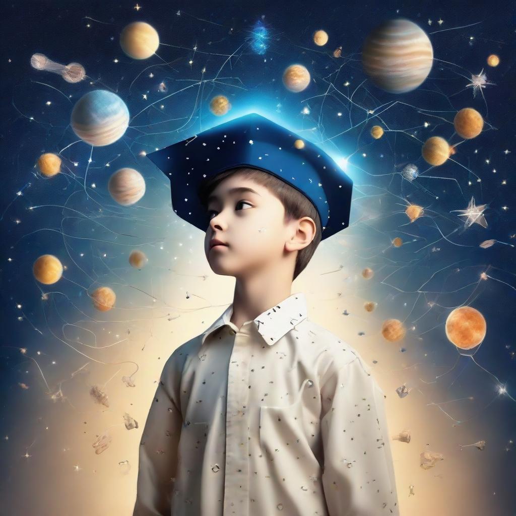 Recently graduated boy wearing his cap, lost in the stars and Venus, imagining astronauts, reflecting his passion for space. Elements of artificial intelligence, like neural networks and algorithms, symbolizing his interest in machine and deep learning, are scattered around.