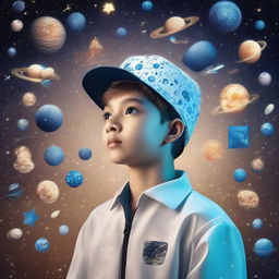 Recently graduated boy wearing his cap, lost in the stars and Venus, imagining astronauts, reflecting his passion for space. Elements of artificial intelligence, like neural networks and algorithms, symbolizing his interest in machine and deep learning, are scattered around.