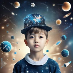 Recently graduated boy wearing his cap, lost in the stars and Venus, imagining astronauts, reflecting his passion for space. Elements of artificial intelligence, like neural networks and algorithms, symbolizing his interest in machine and deep learning, are scattered around.