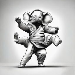 An elephant performing a jiu-jitsu move in a playful and whimsical manner.