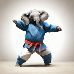 An elephant performing a jiu-jitsu move in a playful and whimsical manner.