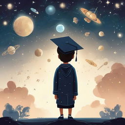 A boy freshly graduated, wearing his graduation cap, gazing at the stars, Venus, imagining astronauts reflecting his love for space exploration. Around him, depict elements of AI, like neural networks or robotic arms, symbolizing his interest in machine and deep learning.