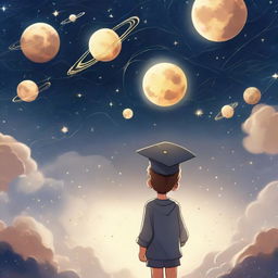 A boy freshly graduated, wearing his graduation cap, gazing at the stars, Venus, imagining astronauts reflecting his love for space exploration. Around him, depict elements of AI, like neural networks or robotic arms, symbolizing his interest in machine and deep learning.