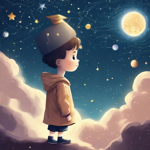 A boy freshly graduated, wearing his graduation cap, gazing at the stars, Venus, imagining astronauts reflecting his love for space exploration. Around him, depict elements of AI, like neural networks or robotic arms, symbolizing his interest in machine and deep learning.