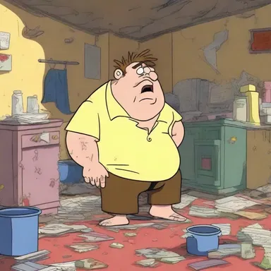 The animated cartoon hilariously portrayed the exaggerated squalor of a messy, unkempt character's living space.