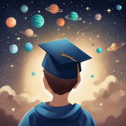 A boy freshly graduated, wearing his graduation cap, gazing at the stars, Venus, imagining astronauts reflecting his love for space exploration. Around him, depict elements of AI, like neural networks or robotic arms, symbolizing his interest in machine and deep learning.