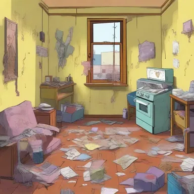 The animated cartoon hilariously portrayed the exaggerated squalor of a messy, unkempt character's living space.