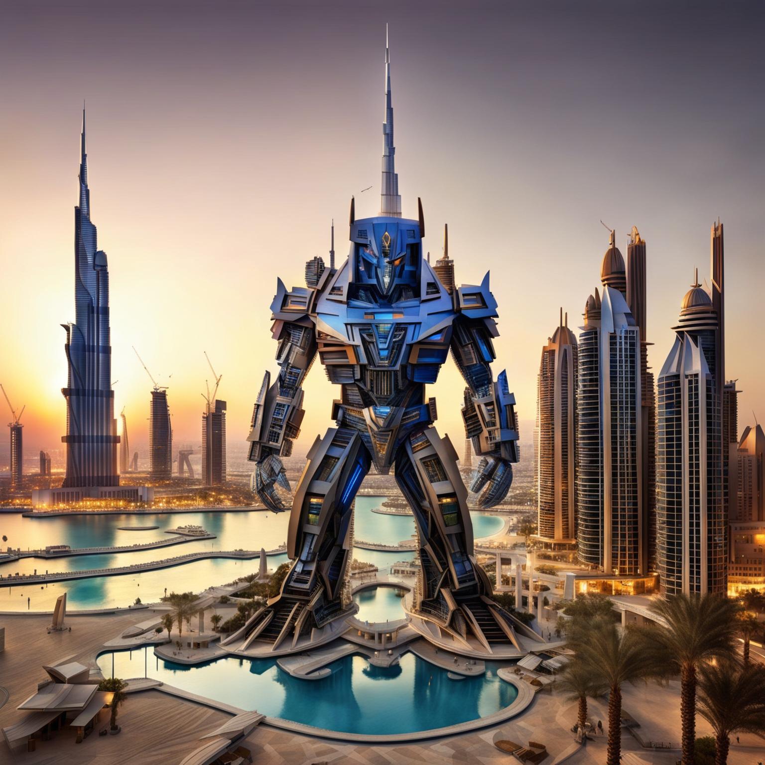 An ultra-high-definition digital art image depicting the Burj Al Arab transforming into a Transformer