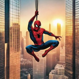 Spiderman hanging from a skyscraper web-slinging through the city skyscrapers with a sunset backdrop