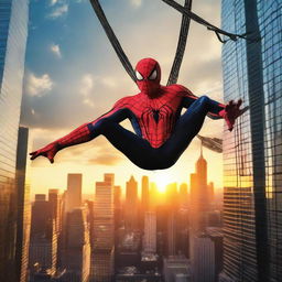 Spiderman hanging from a skyscraper web-slinging through the city skyscrapers with a sunset backdrop