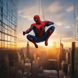 Spiderman hanging from a skyscraper web-slinging through the city skyscrapers with a sunset backdrop