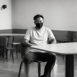 A man sitting at a central table and chair, wearing a mask and a t-shirt, with a soft monochrome effect