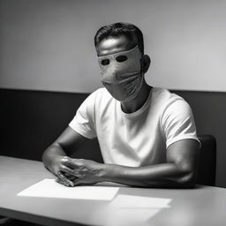 A man sitting at a central table and chair, wearing a mask and a t-shirt, with a soft monochrome effect