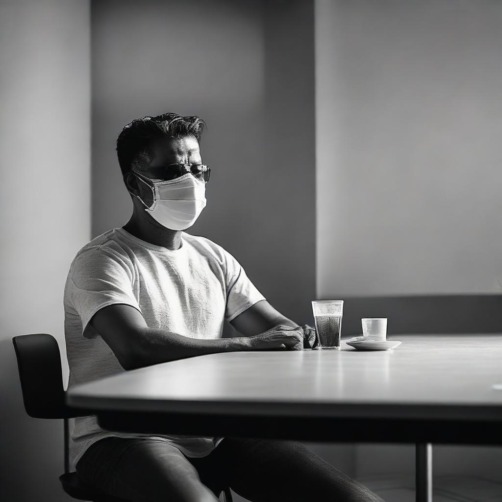 A man sitting at a central table and chair, wearing a mask and a t-shirt, with a soft monochrome effect