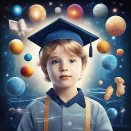 A young boy in a graduation cap, starstruck by the universe with elements of Venus, astronauts, and symbols of artificial intelligence, machine learning, and deep learning around him