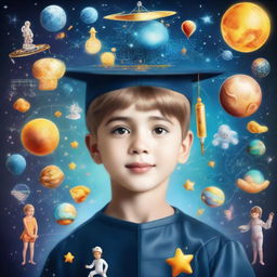 A young boy in a graduation cap, starstruck by the universe with elements of Venus, astronauts, and symbols of artificial intelligence, machine learning, and deep learning around him