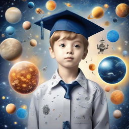 A young boy in a graduation cap, starstruck by the universe with elements of Venus, astronauts, and symbols of artificial intelligence, machine learning, and deep learning around him