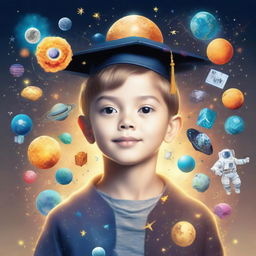 A young boy in a graduation cap, starstruck by the universe with elements of Venus, astronauts, and symbols of artificial intelligence, machine learning, and deep learning around him