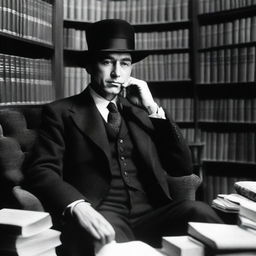 A man in a suit, seated in an armchair, wearing a black hat, deep in thought, surrounded by books.