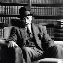 A man in a suit, seated in an armchair, wearing a black hat, deep in thought, surrounded by books.