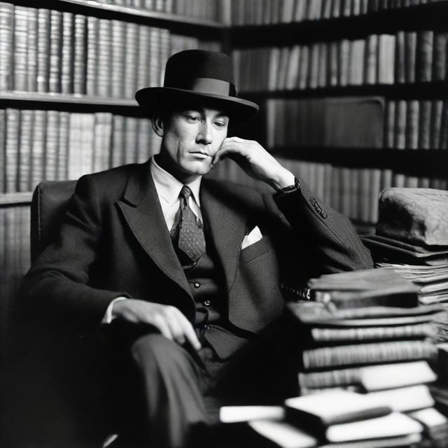 A man in a suit, seated in an armchair, wearing a black hat, deep in thought, surrounded by books.