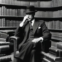 A man in a suit, seated in an armchair, wearing a black hat, deep in thought, surrounded by books.